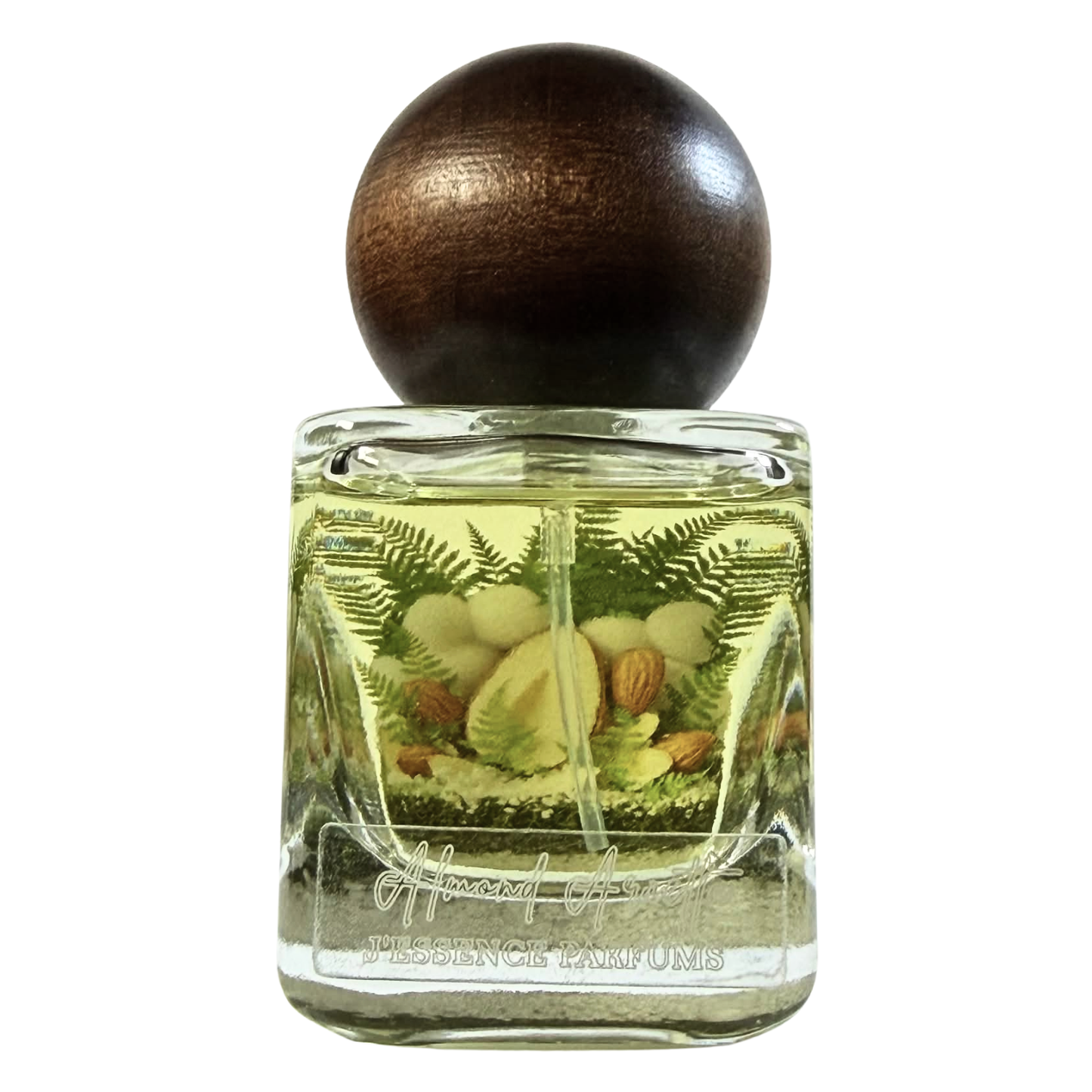 Artisanal 30mlAlmond Arietta perfume bottle with a spherical wooden cap and a botanical terrarium style label. J'essence Parfums niche almond gourmand fragrance hand poured in NZ.