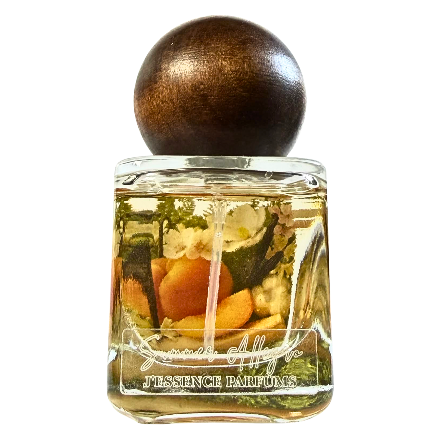 Artisanal 30ml Summer Allegro perfume bottle with a spherical wooden cap and a botanical terrarium style label. J'essence Parfums niche gourmand fragrance hand poured in NZ.