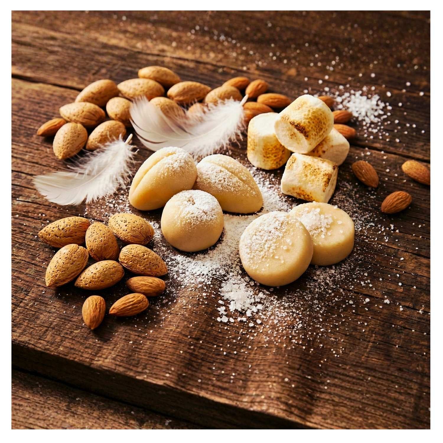 Almond Arietta by J'essence Parfums flat lay featuring Almond Paste, Fresh Almonds, Pure Sugar, Toasted Marshmallow Accord, Soft Gourmand Musk; extrait de parfum hand-blended and made in NZ.