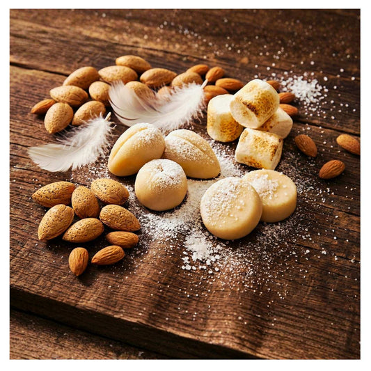 Almond Arietta by J'essence Parfums flat lay featuring Almond Paste, Fresh Almonds, Pure Sugar, Toasted Marshmallow Accord, Soft Gourmand Musk; extrait de parfum hand-blended and made in NZ.