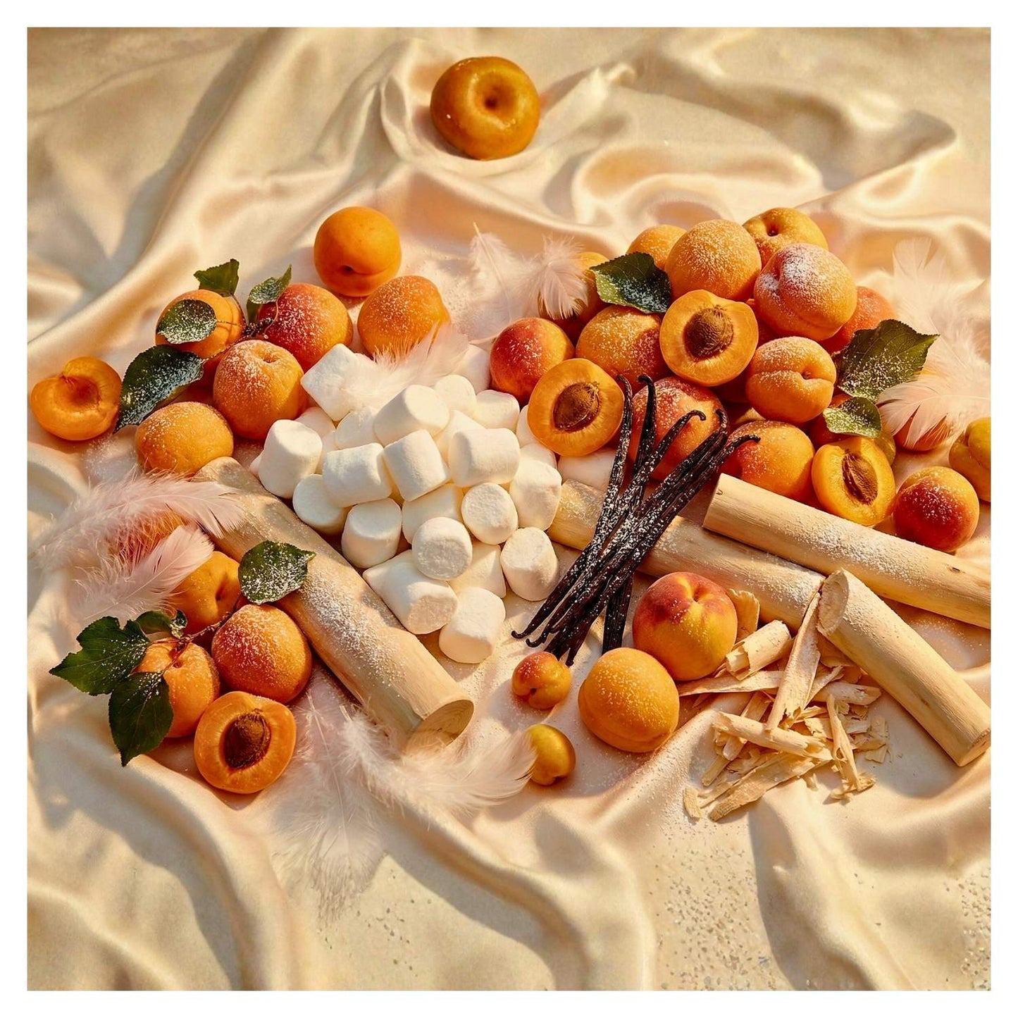 Apricot Andante by J'essence Parfums flat lay featuring Fruity Notes, Apricot, Marshmallow Accord, Vanilla, Cashmere Wood, Soft White Musk. Hand-blended extrait de parfum made in New Zealand.