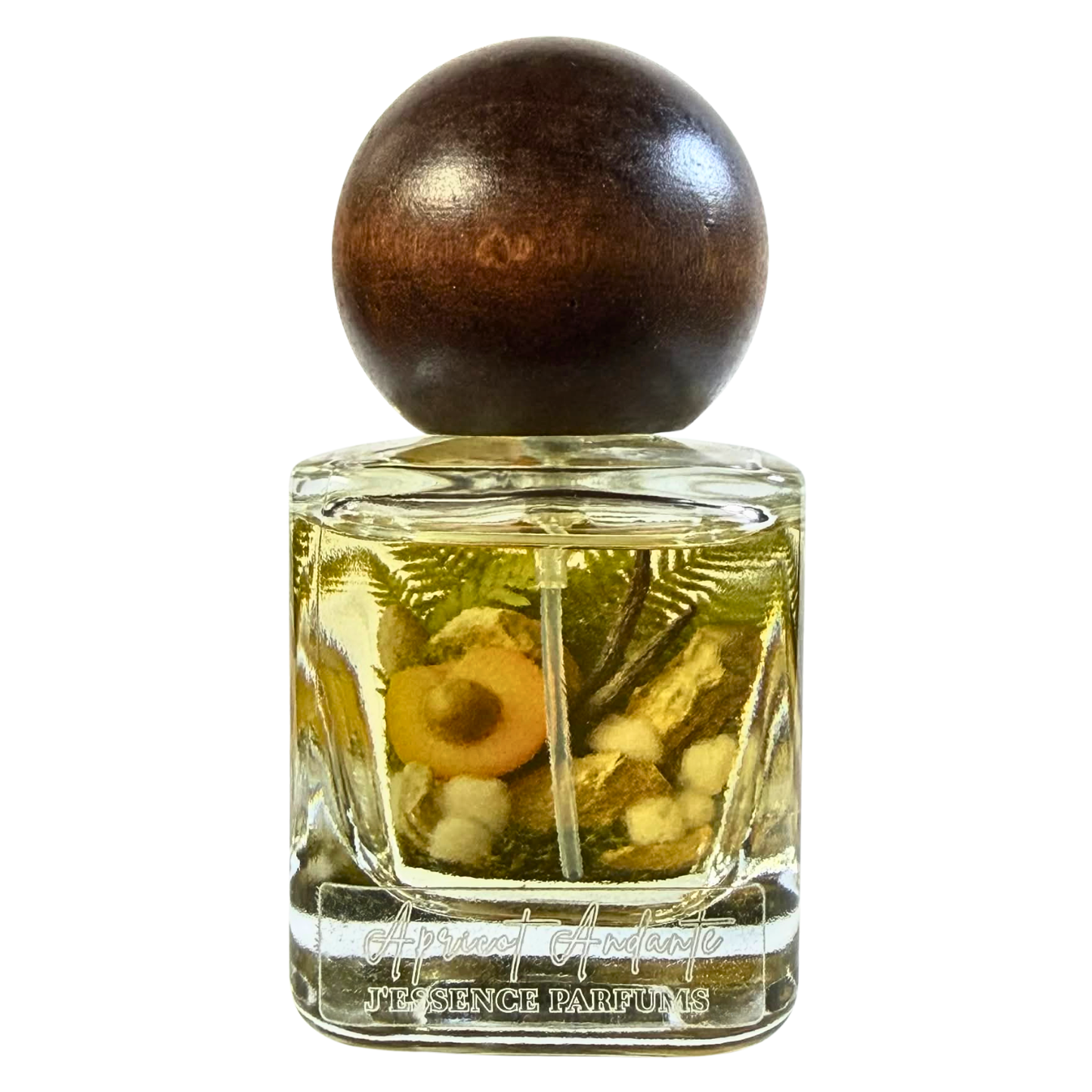 Artisanal 30ml Apricot Andante perfume bottle with a spherical wooden cap and a botanical terrarium style label. J'essence Parfums niche gourmand fragrance hand poured in NZ.