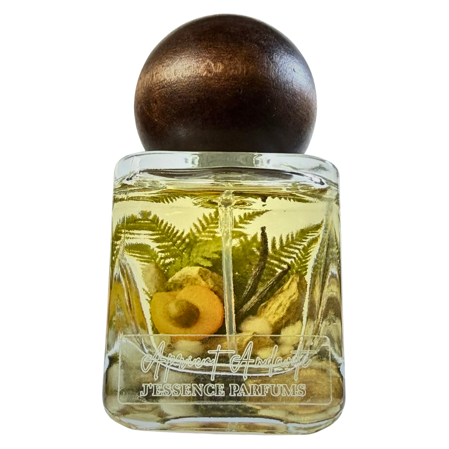 Artisanal 30ml Apricot Andante perfume bottle with a spherical wooden cap and a botanical terrarium style label. J'essence Parfums niche gourmand fragrance hand poured in NZ.