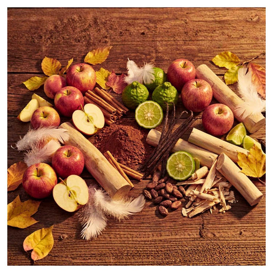 J'essence Parfums Autumn Adagio extrait de parfum flat lay featuring notes of crisp red apple, cinnamon, cocoa, bergamot, musk, cedar and warm vanilla on a luxury background; hand-blended in NZ.