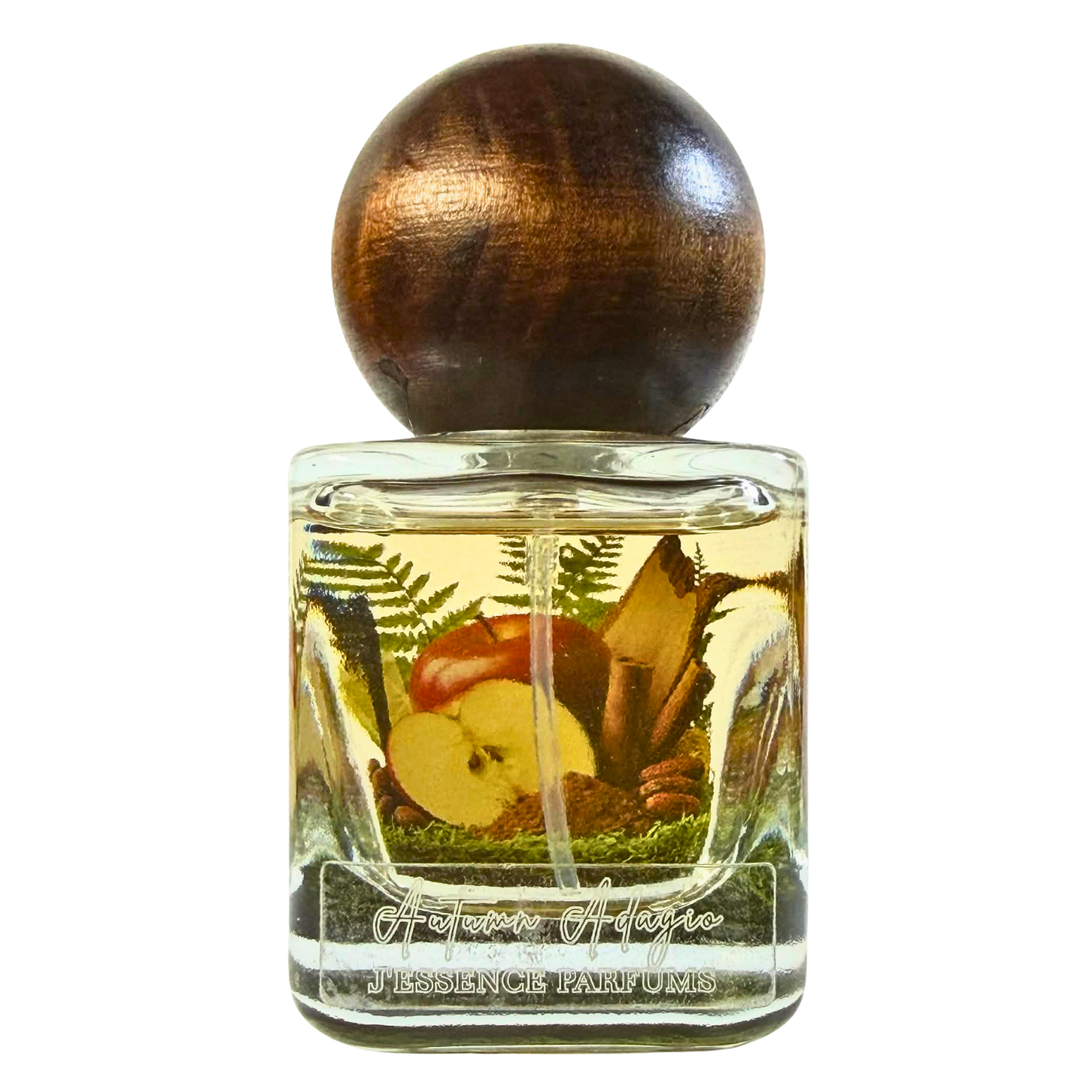 Artisanal 30ml Autumn Adagio perfume bottle with a spherical wooden cap and a botanical terrarium style label. J'essence Parfums niche gourmand fragrance hand poured in NZ.
