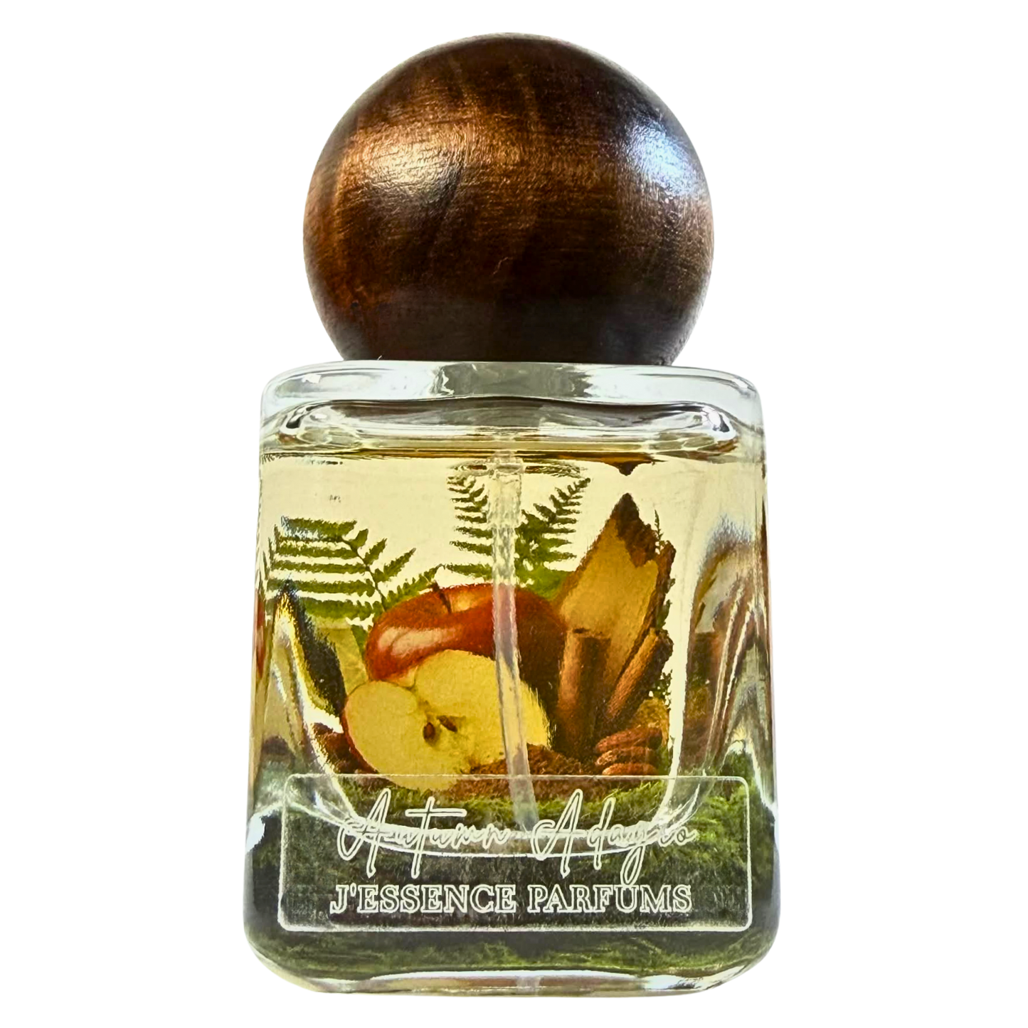 Artisanal 30ml Autumn Adagio perfume bottle with a spherical wooden cap and a botanical terrarium style label. J'essence Parfums niche gourmand fragrance hand poured in NZ.