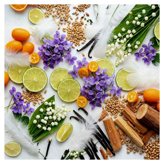 Blanc Aria artisanal fragrance by J'essence Parfums. Flat lay featuring kumquat, lime zest, vanilla, malt, violet, lily of the valley, white musk, sandalwood, ambrette and cedar. A sophisticated niche extrait parfum made in NZ