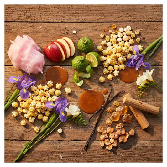 Caramel Cadenza niche gourmand perfume by J'essence Parfums with notes of Cotton Candy, Red Apple, Bergamot, Buttery Popcorn, Freesia, Caramel, Vanilla Bean, Golden Amber, Sandalwood; an artisanal small-batch extrait de parfum made in New Zealand.