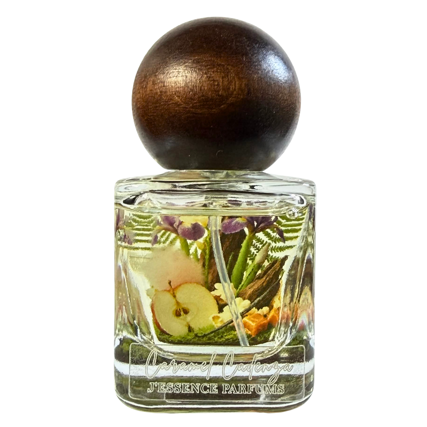 Artisanal 30ml Caramel Cadenza perfume bottle with a spherical wooden cap and a botanical terrarium style label. J'essence Parfums niche gourmand fragrance hand poured in NZ.