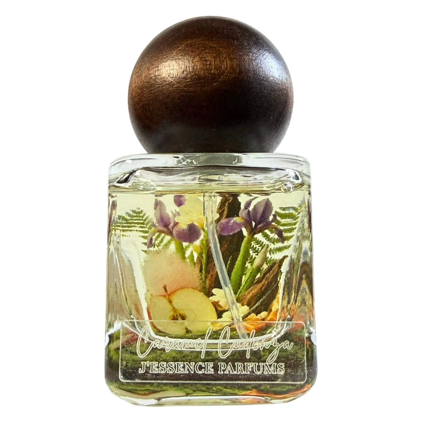Artisanal 30ml Caramel Cadenza perfume bottle with a spherical wooden cap and a botanical terrarium style label. J'essence Parfums niche gourmand fragrance hand poured in NZ.
