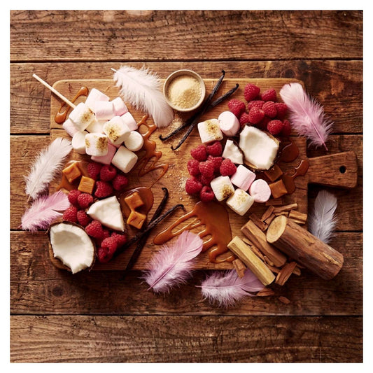 Raspberry Presto niche gourmand flat lay by J'essence Parfums. Featuring Juicy Raspberry, Airy Marshmallow, coconut, Creamy Notes, Caramel, Vanilla, Musk, Cedarwood; small batch extrait de parfum crafted in NZ.