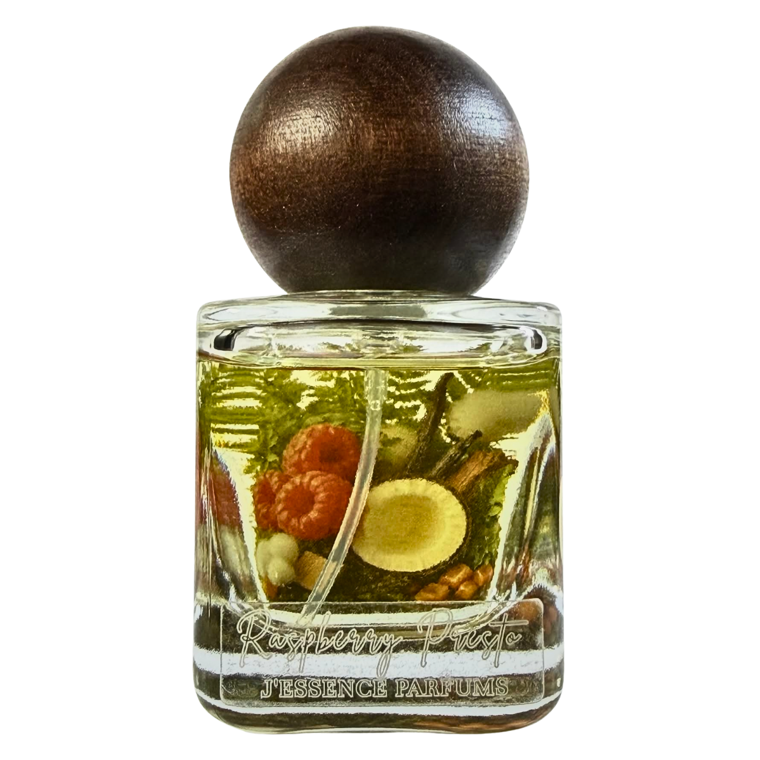 Artisanal 30ml Raspberry Presto perfume bottle with a spherical wooden cap and a botanical terrarium style label. J'essence Parfums niche gourmand fragrance hand poured in NZ.