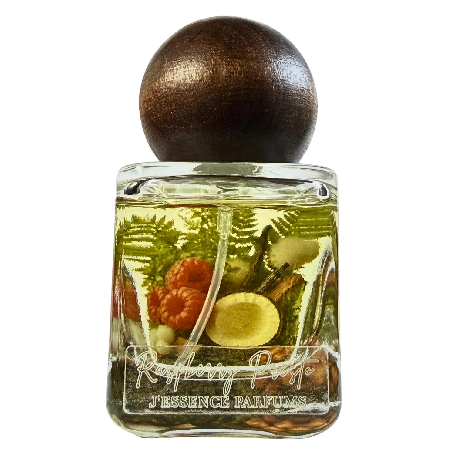 Artisanal 30ml Raspberry Presto perfume bottle with a spherical wooden cap and a botanical terrarium style label. J'essence Parfums niche gourmand fragrance hand poured in NZ.