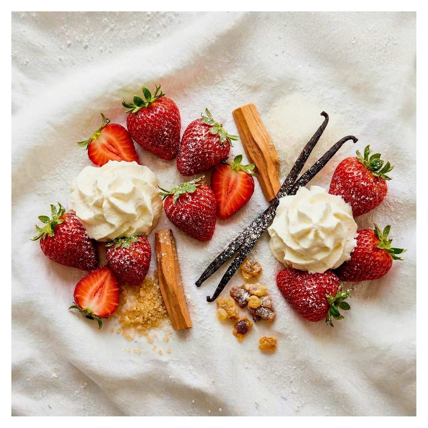 Strawberry Scherzo by J'essence Parfums flat lay featuring Strawberry, Creamy Confection Accord, Whipped Cream, Sandalwood, Vanilla, Styrax; extrait de parfum hand-blended and made in NZ.
