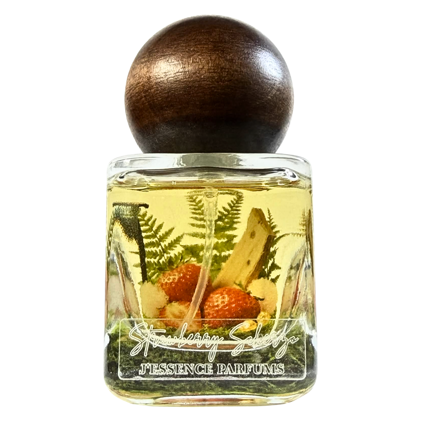 Artisanal 30ml Strawberry Scherzo perfume bottle with a spherical wooden cap and a botanical terrarium style label. J'essence Parfums niche gourmand fragrance hand poured in NZ.