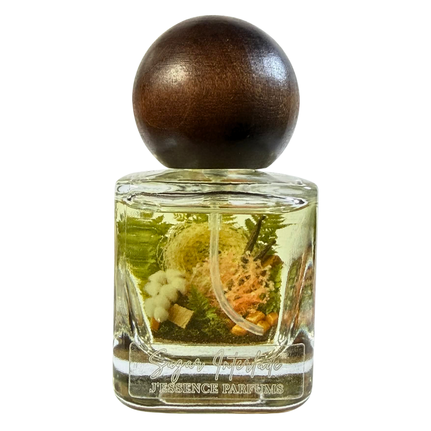 Artisanal 30ml Sugar Interlude perfume bottle with a spherical wooden cap and a botanical terrarium style label. J'essence Parfums niche gourmand fragrance hand poured in NZ.