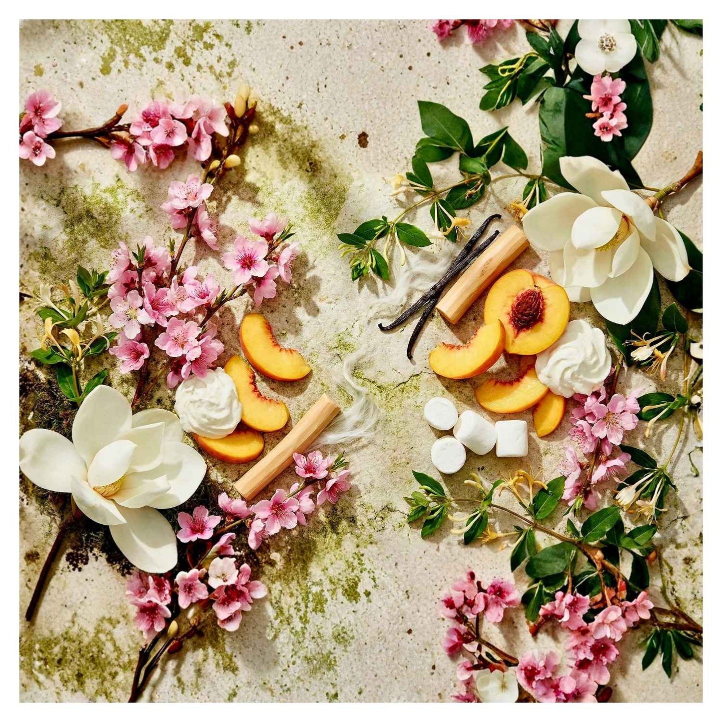 Summer Allegro by J'essence Parfums flat lay featuring Peach Blossom, Magnolia, Honeysuckle, Juicy Peach, Whipped Cream, Fluffy Marshmallow, Vanilla Bean, Sandalwood, Soft White Musk; hand-blended extrait de parfum made in NZ