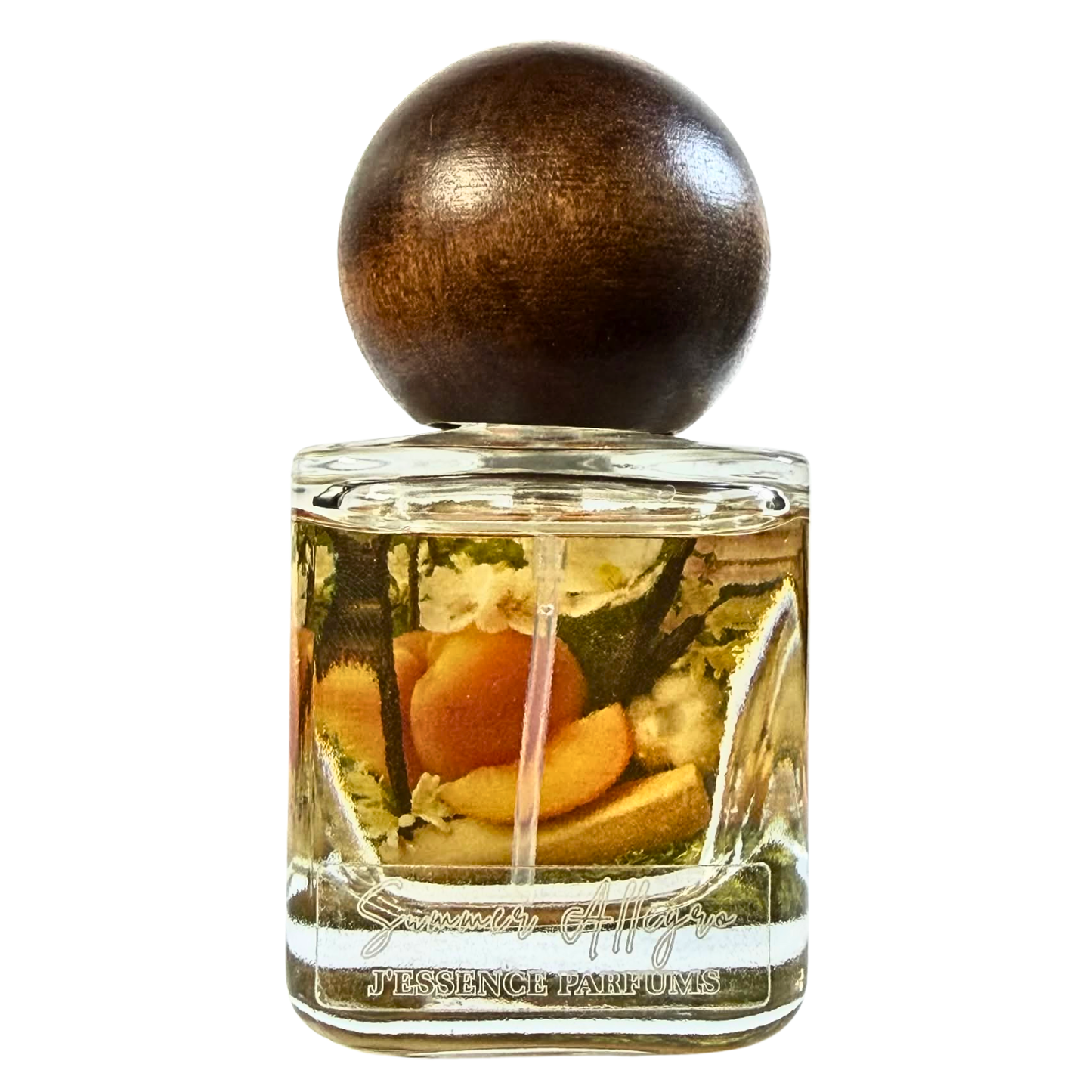 Artisanal 30ml Summer Allegro perfume bottle with a spherical wooden cap and a botanical terrarium style label. J'essence Parfums niche gourmand fragrance hand poured in NZ.