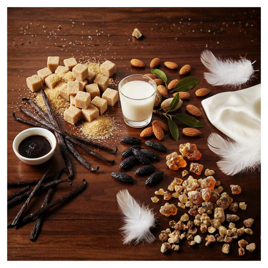 J'essece Parfums Tonka Concerto flat lay featuring Tahitian vanilla, almond milk, white musk, amber and tonka beans; a small-batch niche gourmand fragrance made in NZ.